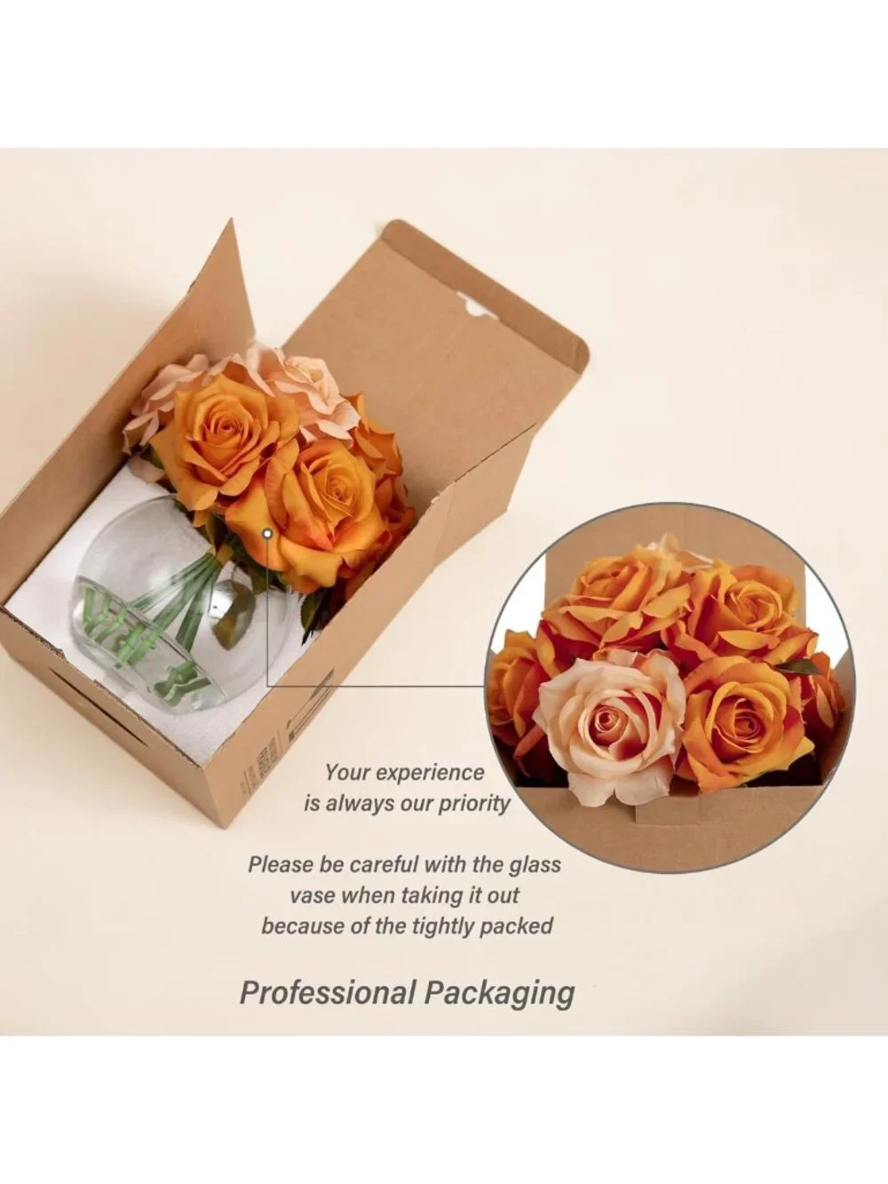 Elegant Burnt Orange Rose Arrangement in Vase with Faux Water - Artificial